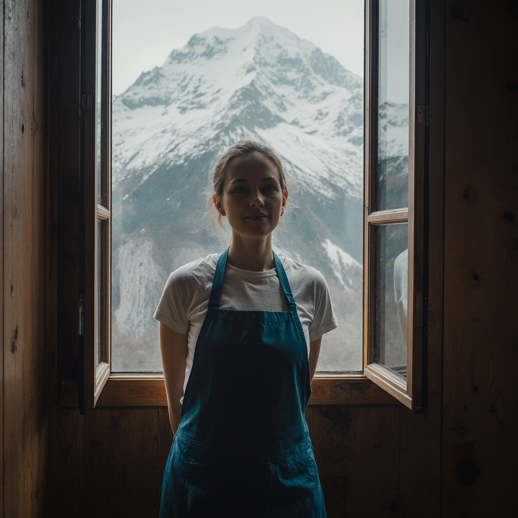 femme agent dentretien avec tablier bleu polaire dans un chalet marron en train de nettoyer en fond slec6bx2hoqmk9yvi4bq 2