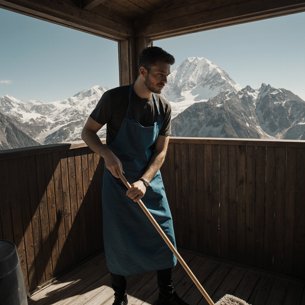homme agent dentretien avec tablier bleu polaire dans un chalet marron en train de passer la serpil pnoh8ermkwd88zr5ld4r 3