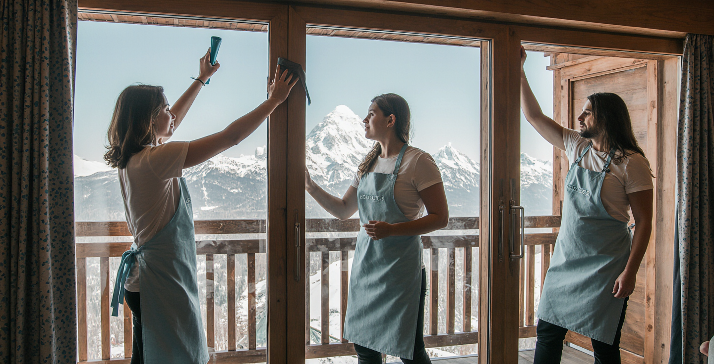 quipe dagents dentretien avec tablier bleu polaire dans un chalet marron en train de nettoyer des v 243pjaopg6x4t5r6zezs 3