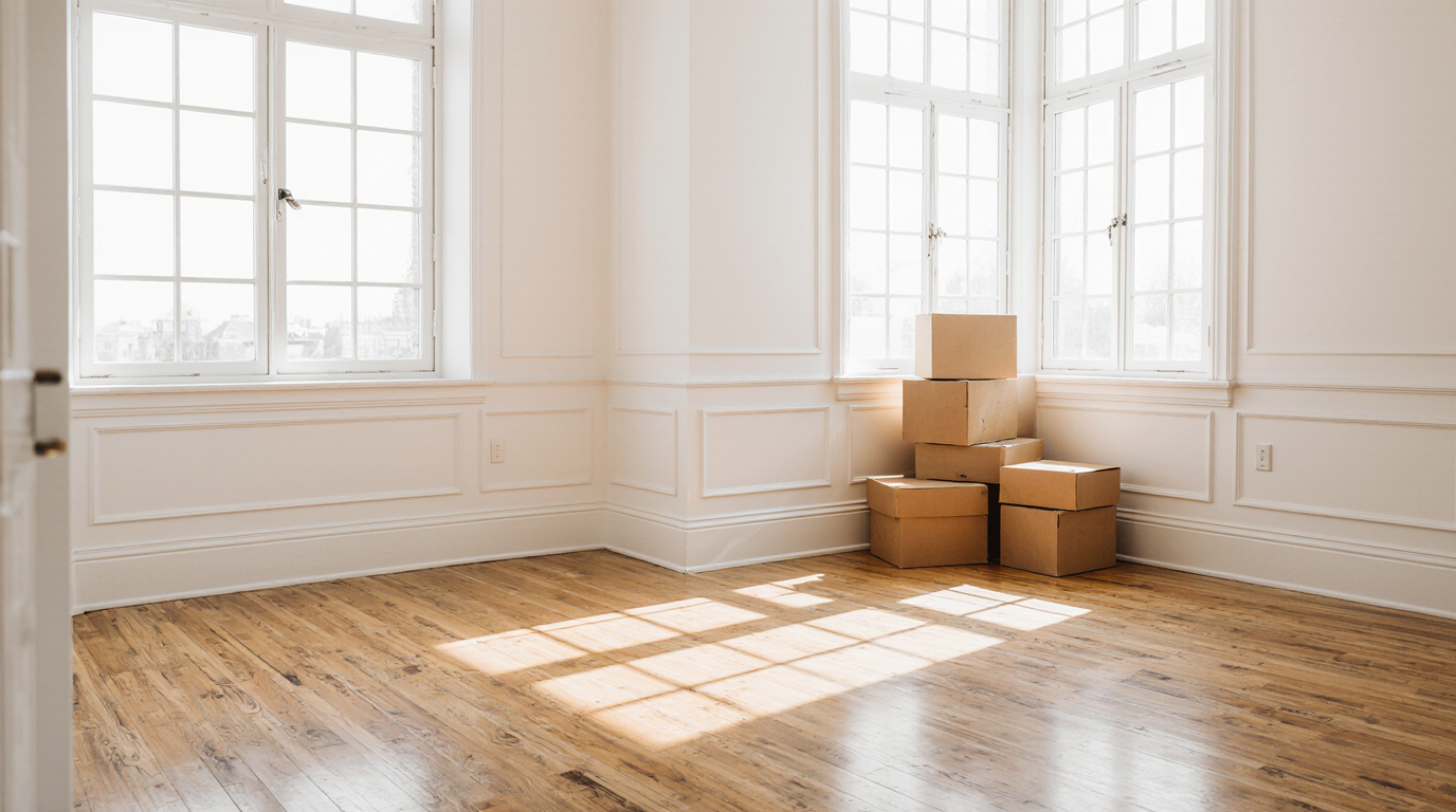 mnage aprs travaux ou dmnagement pice presque vide parquet propre murs blancs cartons ferms bien oij6qfhdmskwg2zirc3n 0