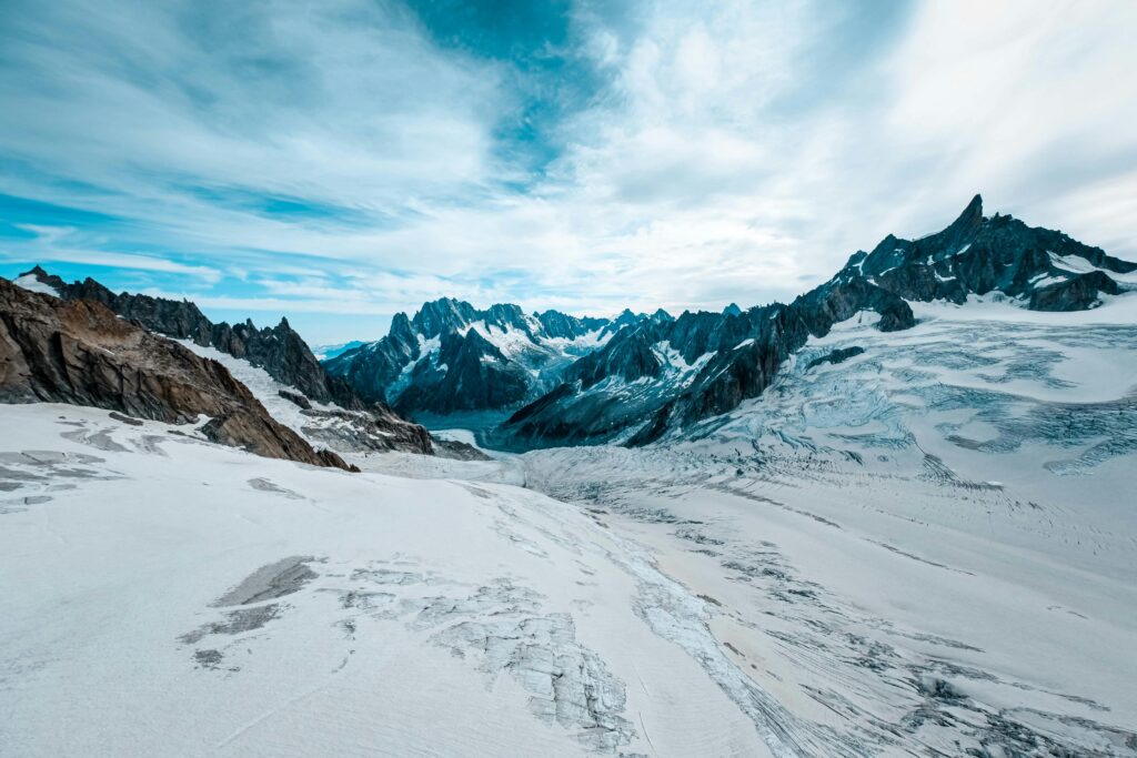 Scenic winter view of snow-capped peaks in Haute-Savoie, France.